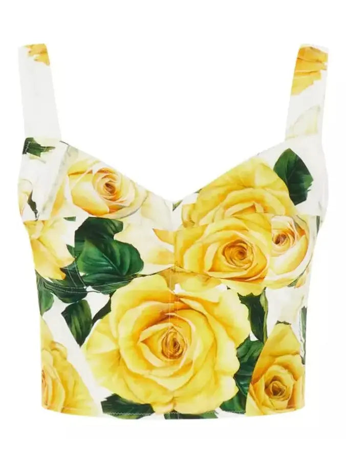 Yellow Rose Print Corset Top - Tops