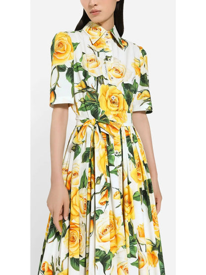 Yellow Rose Print Cotton Shirt Dress - Dresses