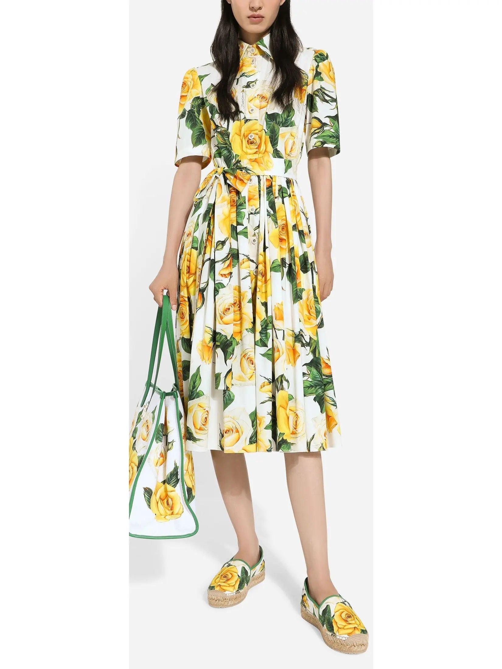 Yellow Rose Print Cotton Shirt Dress - Dresses