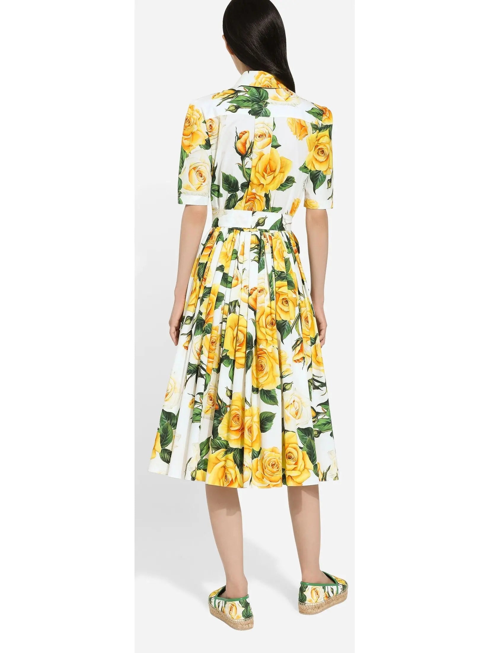 Yellow Rose Print Cotton Shirt Dress - Dresses