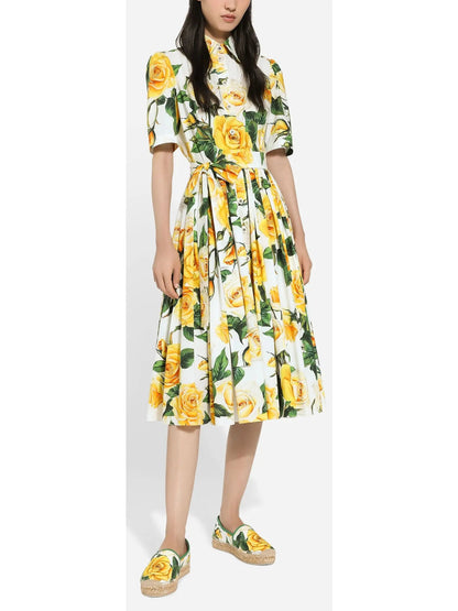 Yellow Rose Print Cotton Shirt Dress - x-large - Dresses