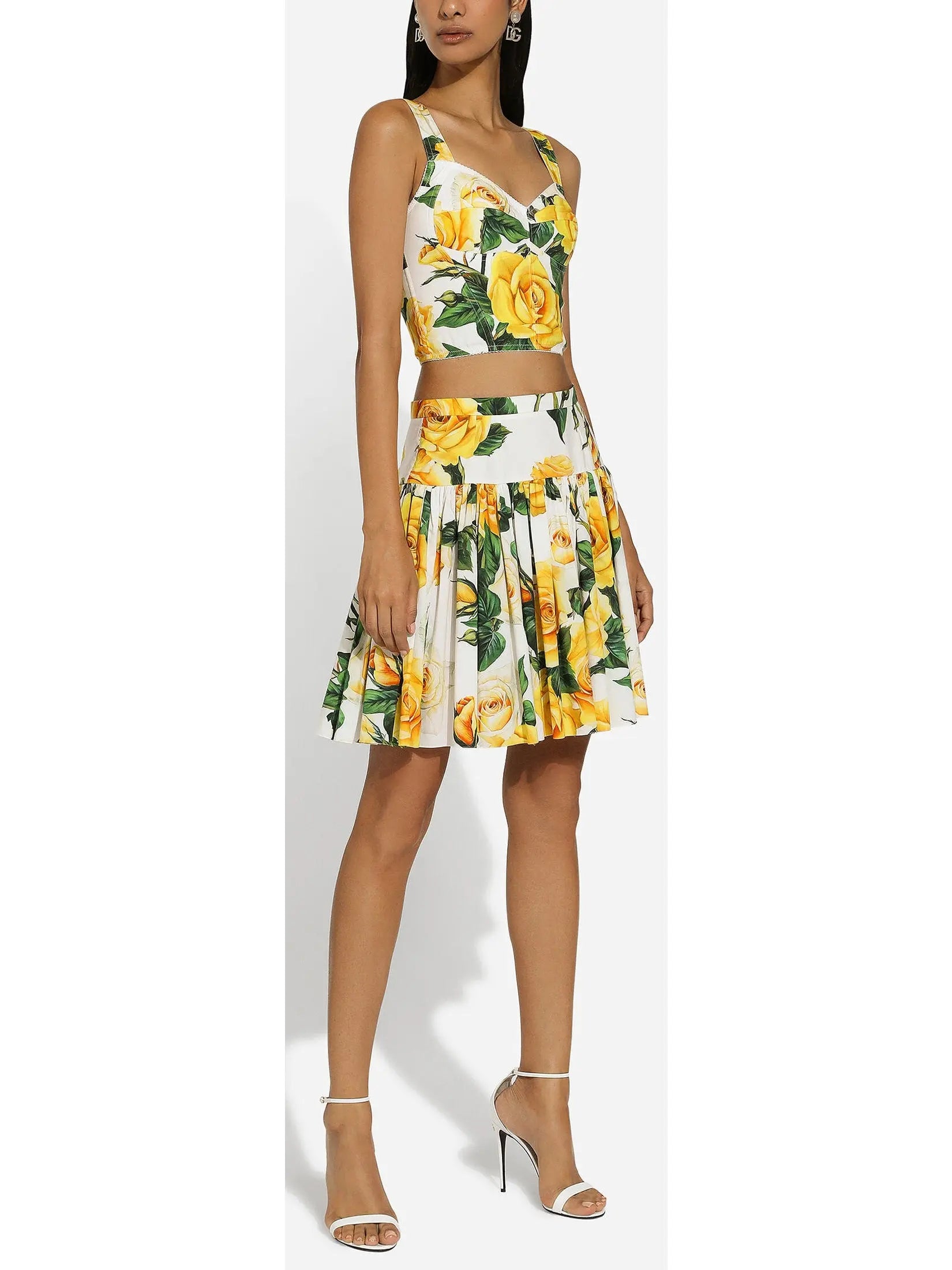 Yellow Rose Print Cotton Short Circle Skirt - Skirts