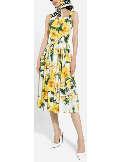 Yellow Rose Print Cotton Sundress - Dresses