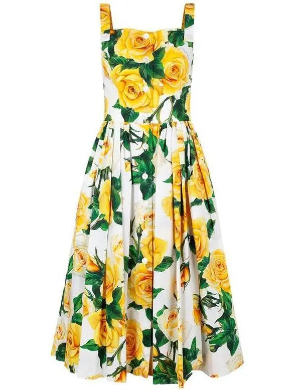 Yellow Rose Print Cotton Sundress - Dresses