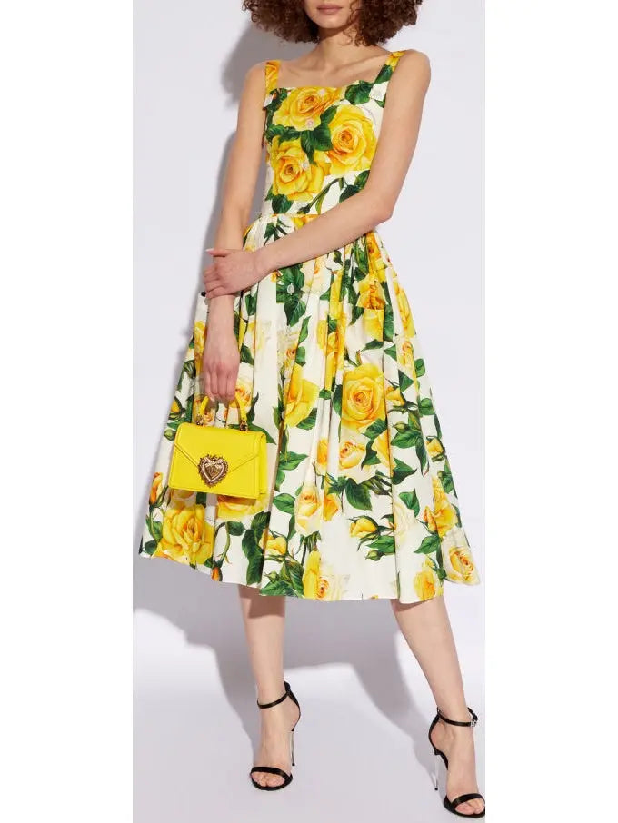 Yellow Rose Print Cotton Sundress - Dresses