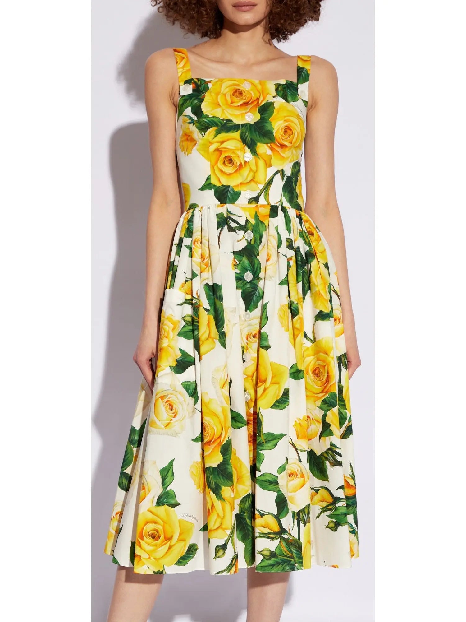 Yellow Rose Print Cotton Sundress - Dresses