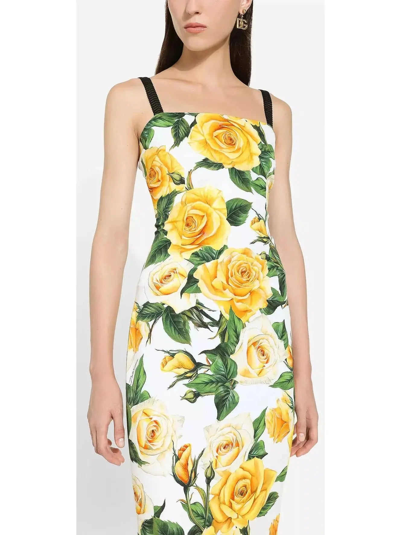 Yellow Rose Print Draped Silk Charmeuse Dress - Dresses