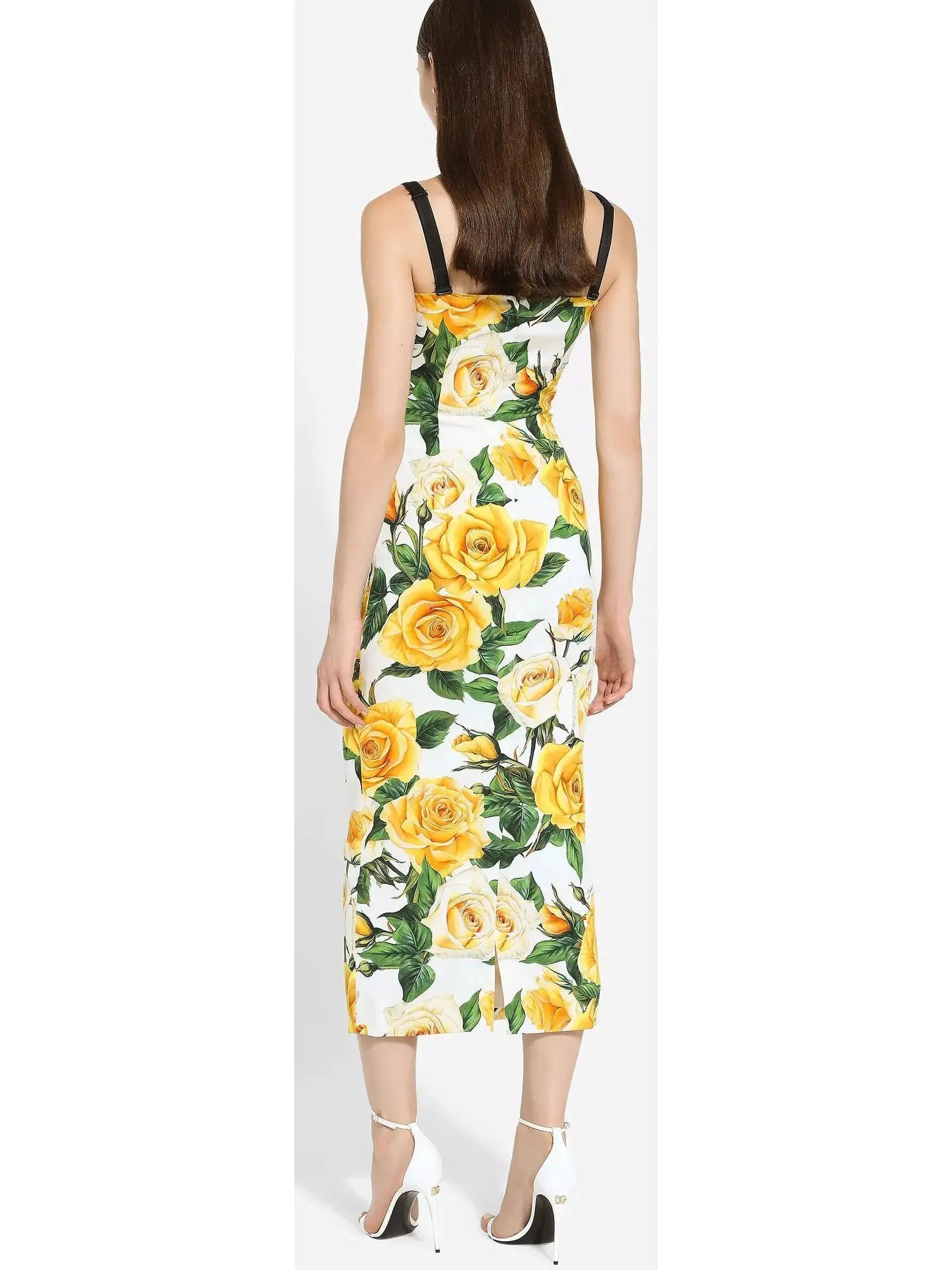 Yellow Rose Print Draped Silk Charmeuse Dress - Dresses