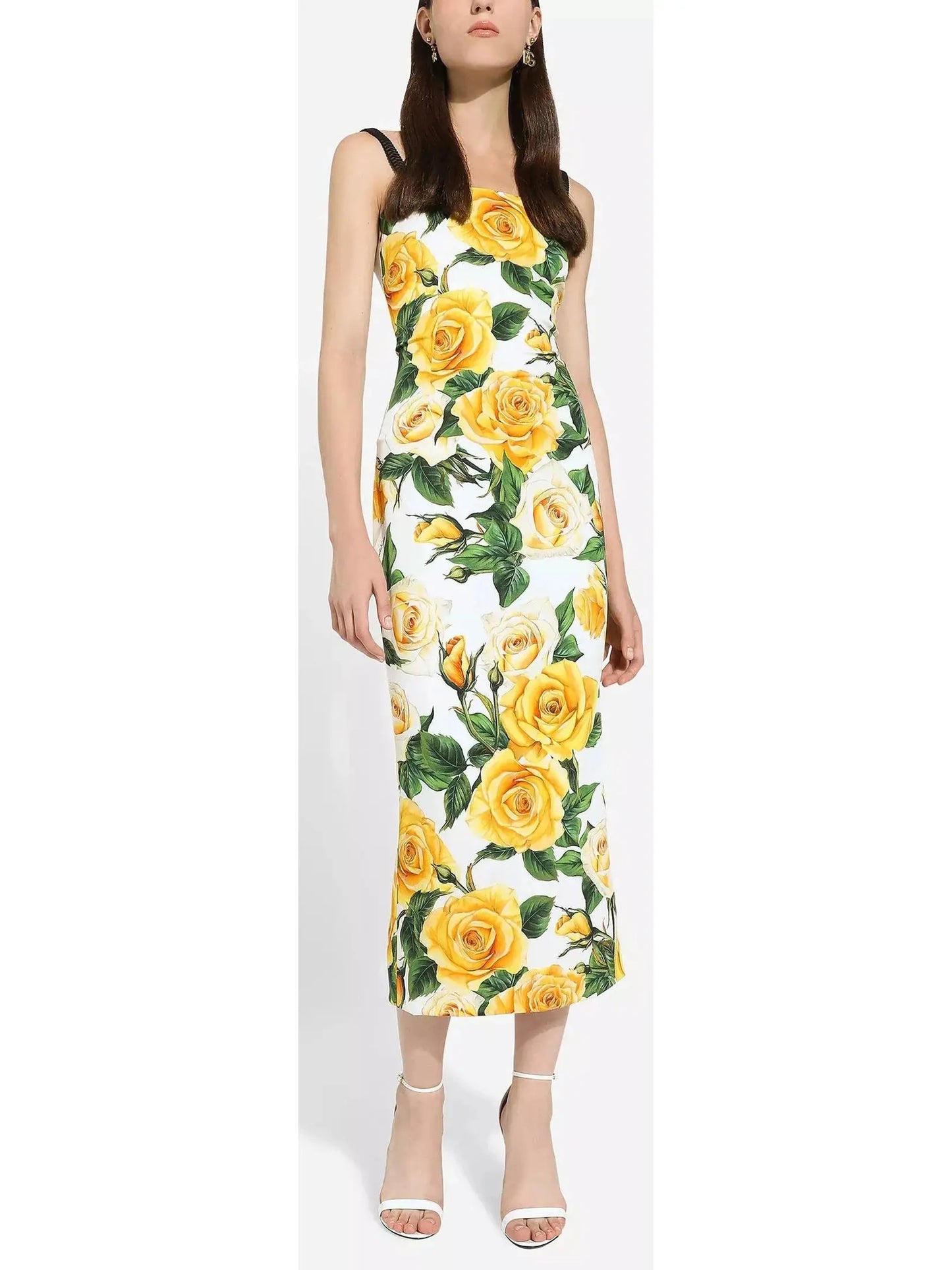 Yellow Rose Print Draped Silk Charmeuse Dress - Dresses