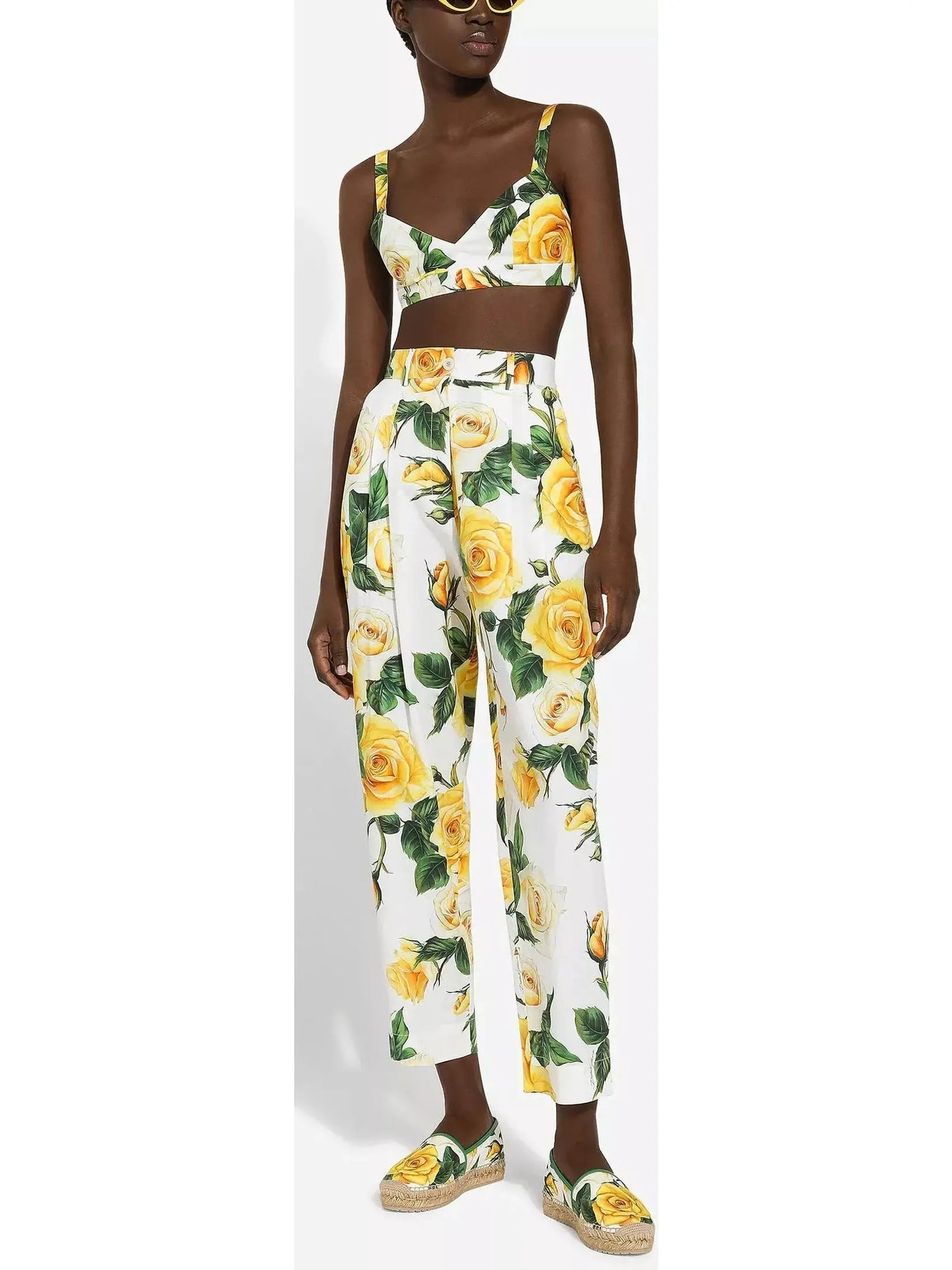 Yellow Rose Print High-Waist Cotton Pants - Jeans & Pants