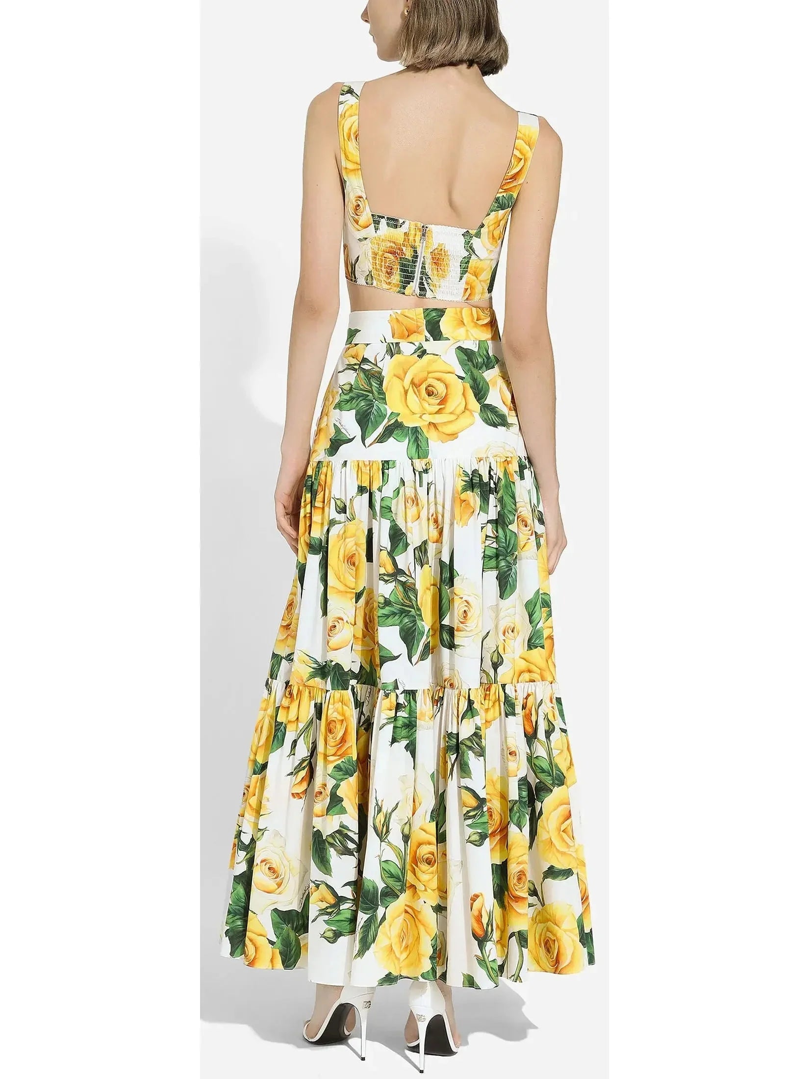 Yellow Rose Print Long Ruffled Skirt - Skirts