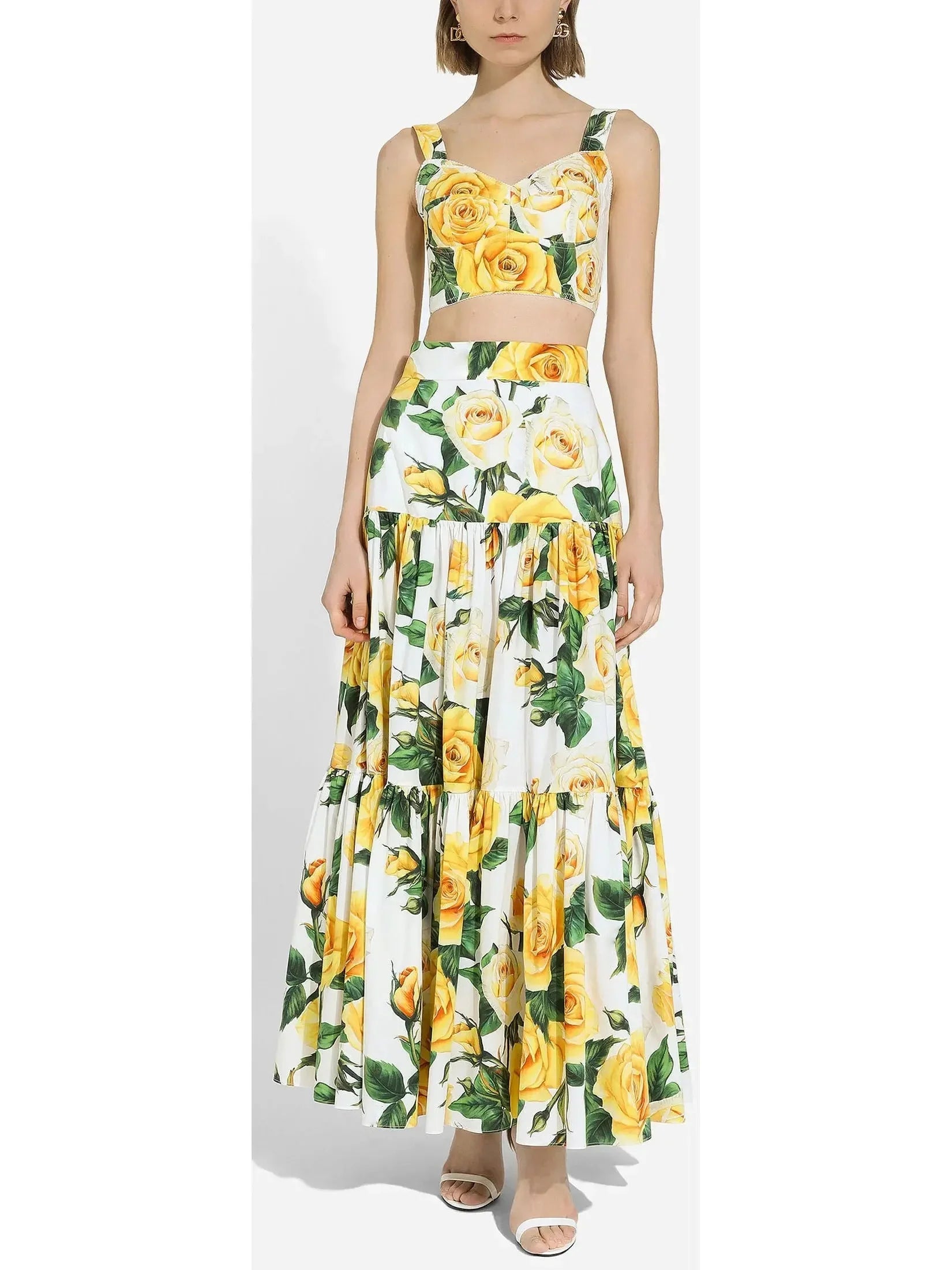 Yellow Rose Print Long Ruffled Skirt - Skirts