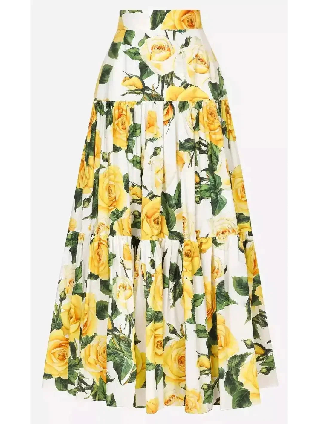 Yellow Rose Print Long Ruffled Skirt - Skirts