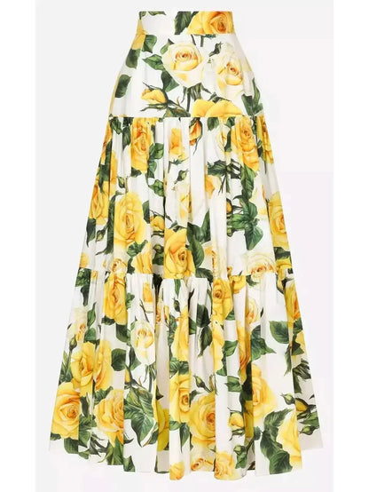 Yellow Rose Print Long Ruffled Skirt - Skirts