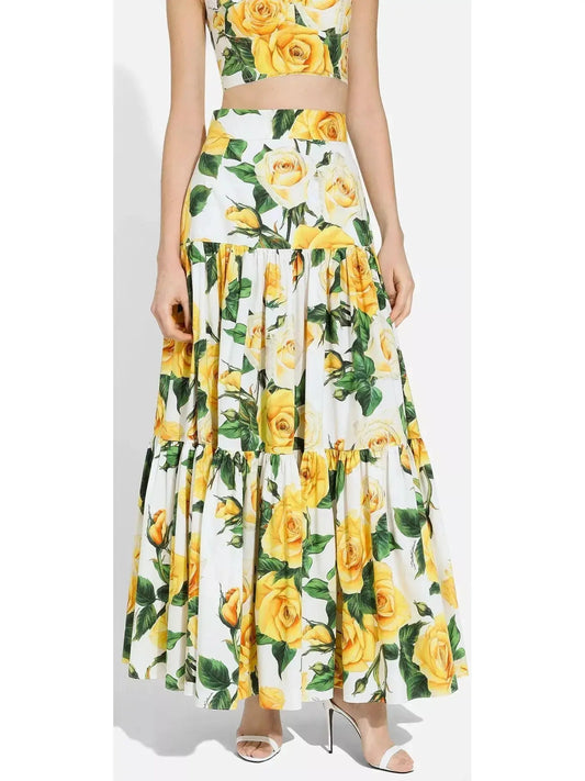 Yellow Rose Print Long Ruffled Skirt - Skirts