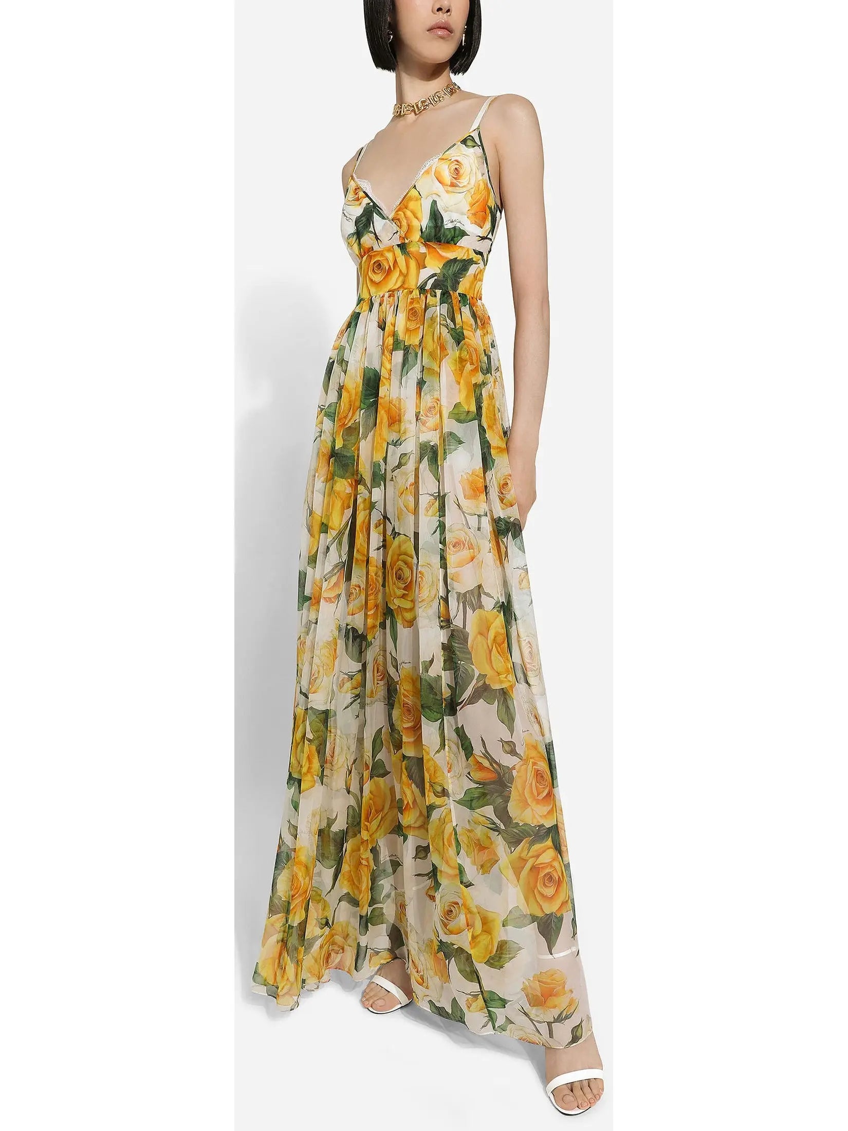 Yellow Rose Print Long Silk Chiffon Dress - Dresses