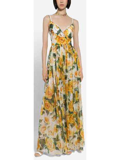 Yellow Rose Print Long Silk Chiffon Dress - Dresses