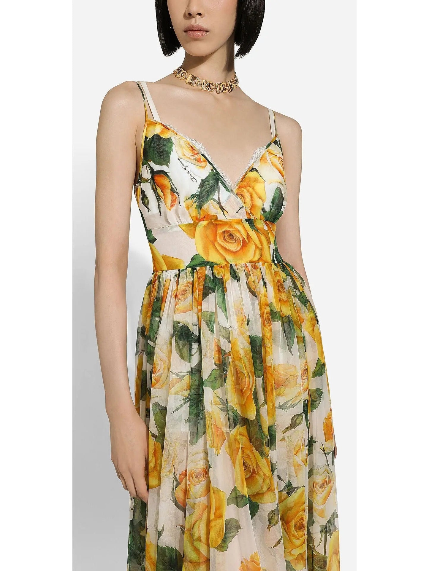 Yellow Rose Print Long Silk Chiffon Dress - Dresses