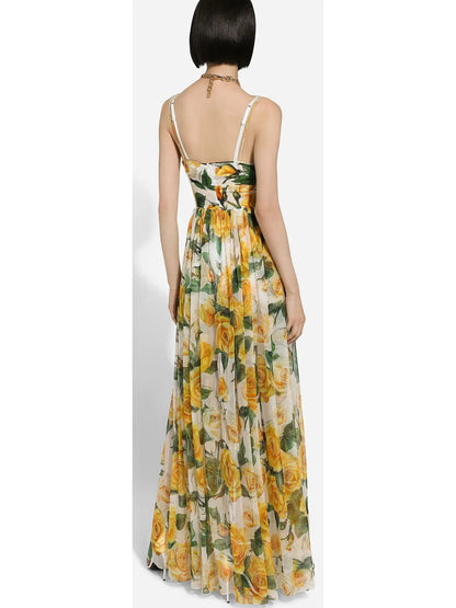 Yellow Rose Print Long Silk Chiffon Dress - Dresses