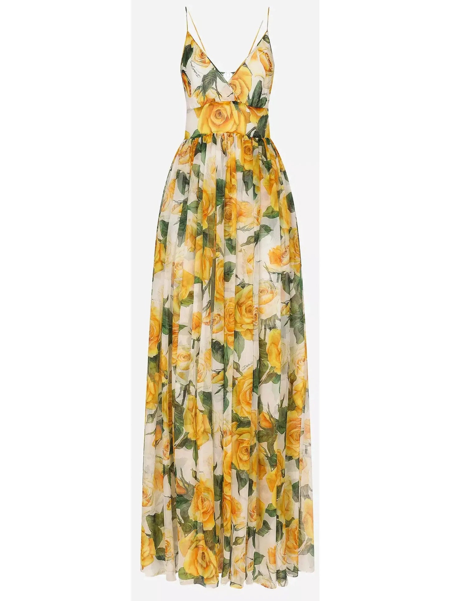 Yellow Rose Print Long Silk Chiffon Dress - small - Dresses