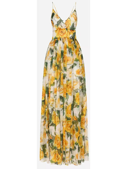 Yellow Rose Print Long Silk Chiffon Dress - small - Dresses