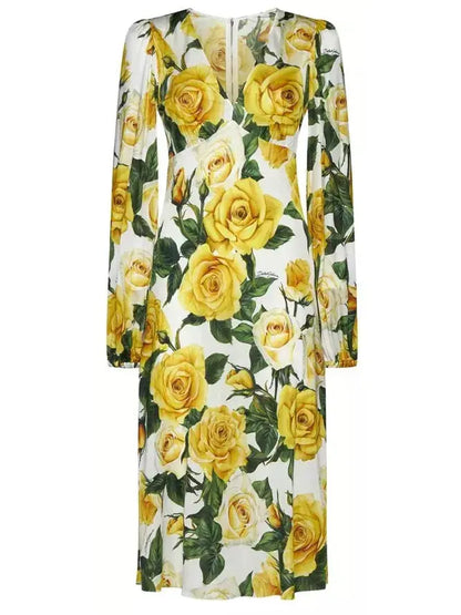 Yellow Rose Print Mid-Length Dress - Dresses