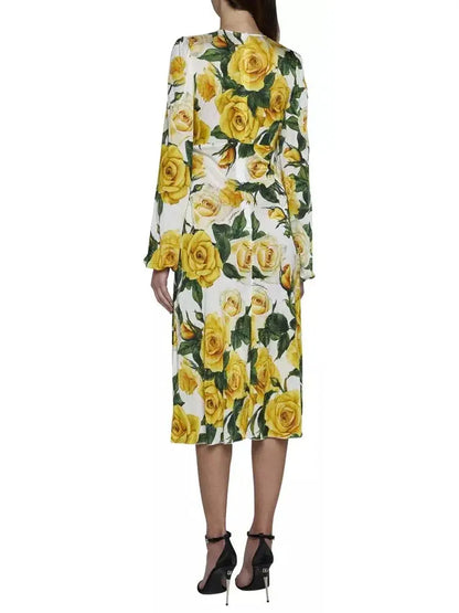 Yellow Rose Print Mid-Length Dress - Dresses