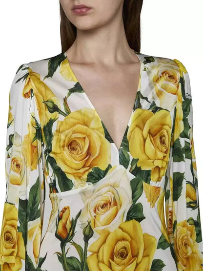 Yellow Rose Print Mid-Length Dress - Dresses