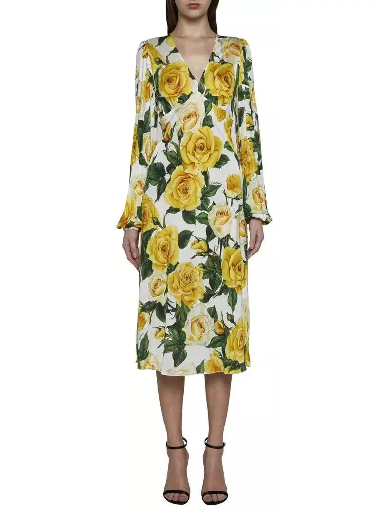 Yellow Rose Print Mid-Length Dress - Dresses