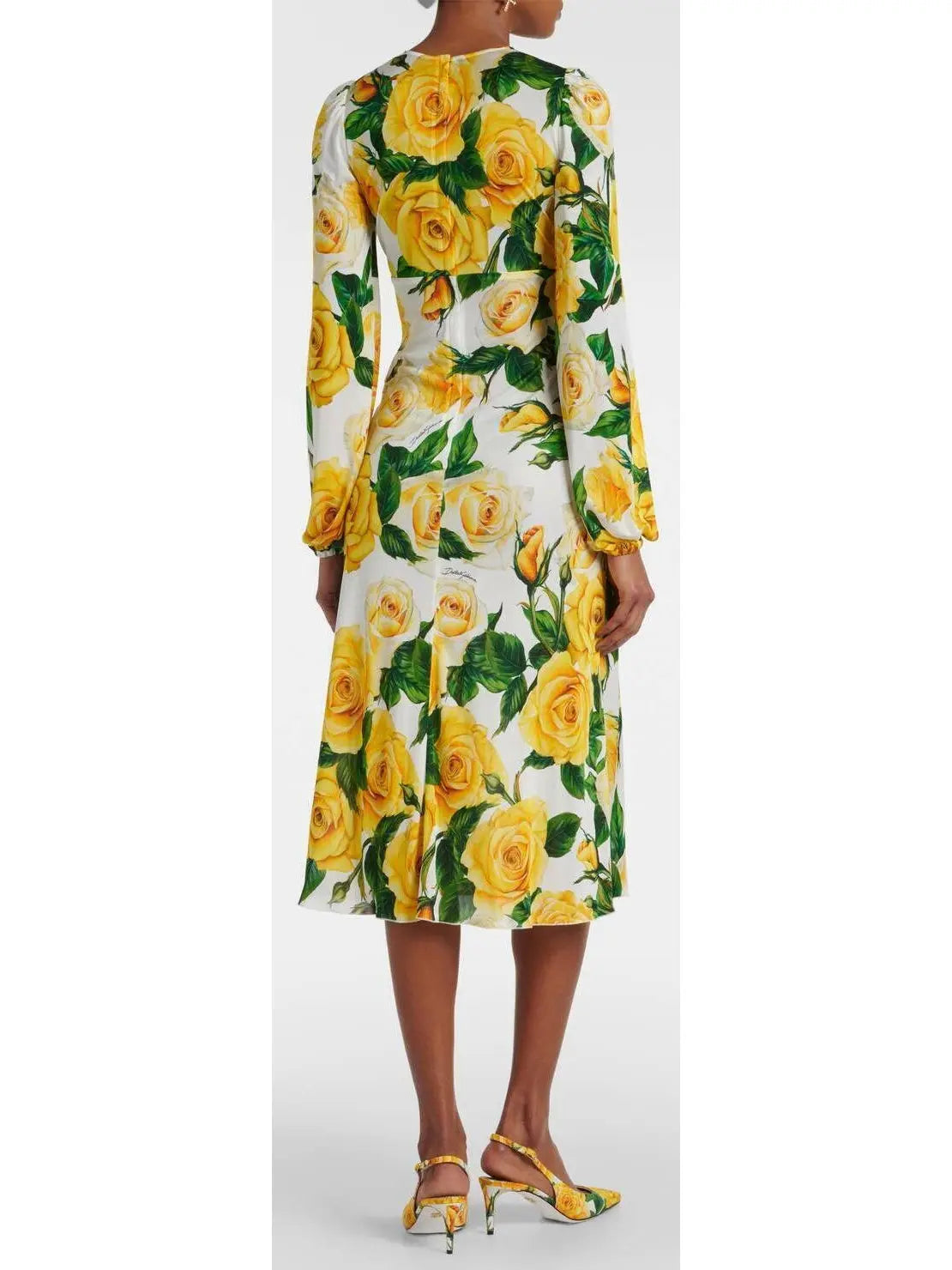 Yellow Rose Print Mid-Length Dress - Dresses