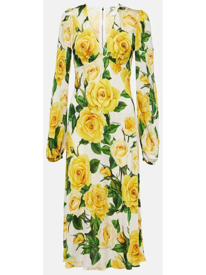 Yellow Rose Print Mid-Length Dress - Dresses