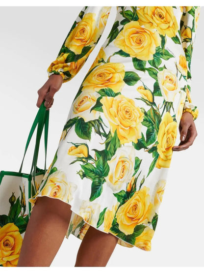 Yellow Rose Print Mid-Length Dress - Dresses