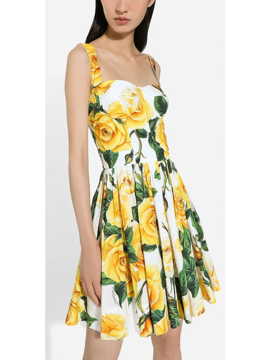 Yellow Rose Print Short Cotton Dress - Dresses