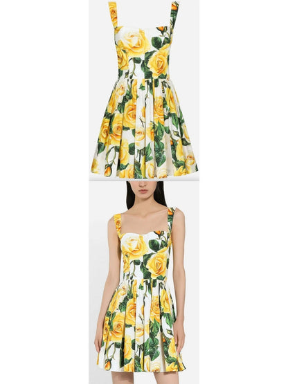 Yellow Rose Print Short Cotton Dress - small - Dresses