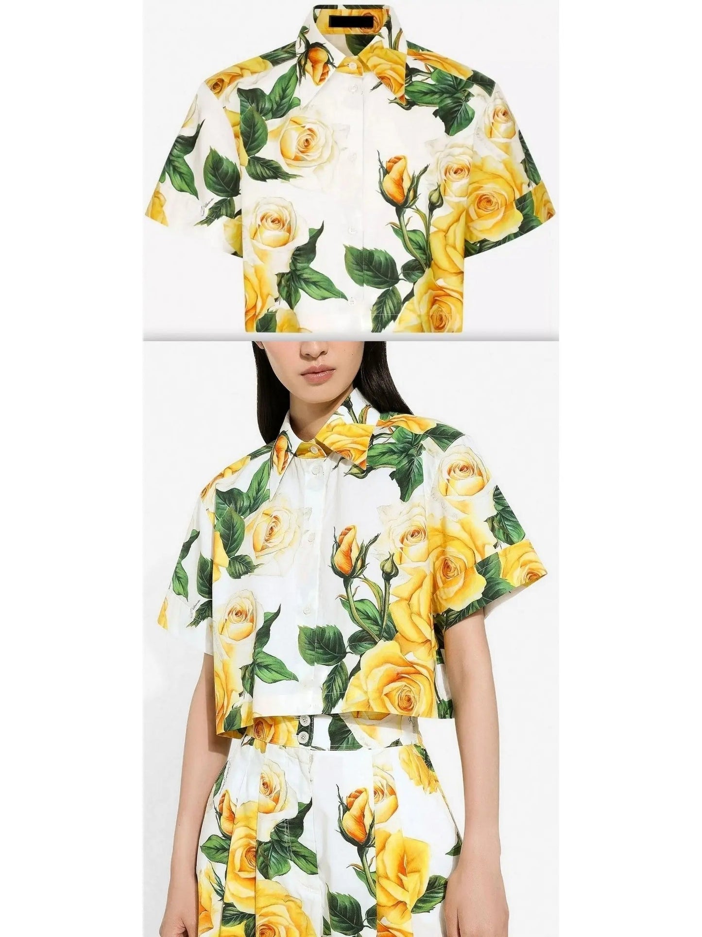 Yellow Rose Print Short Cotton Shirt