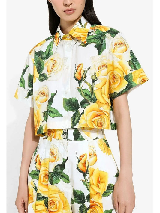 Yellow Rose Print Short Cotton Shirt