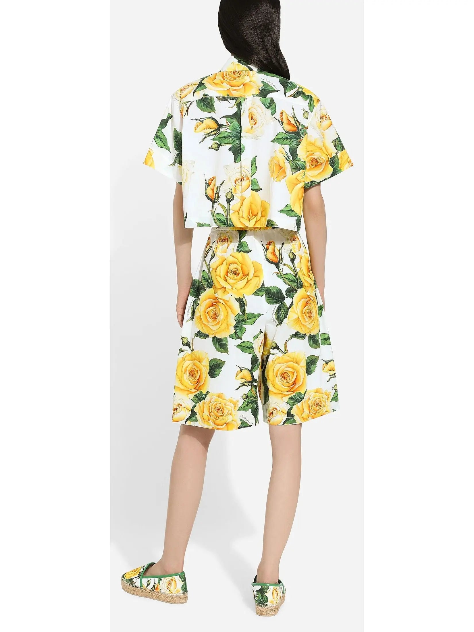 Yellow Rose Print Short Cotton Shirt