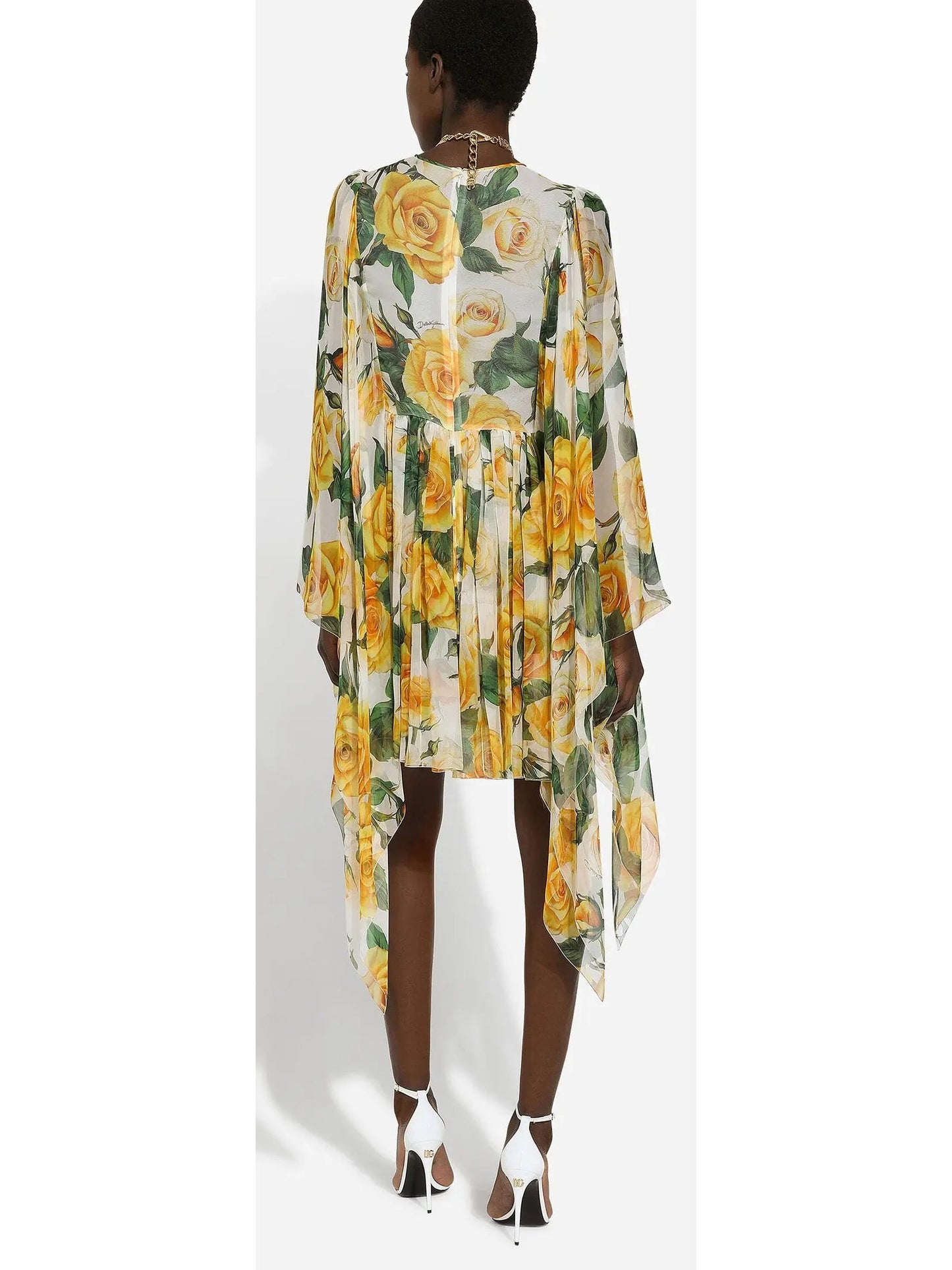 Yellow Rose Print Short Silk Chiffon Dress - Dresses