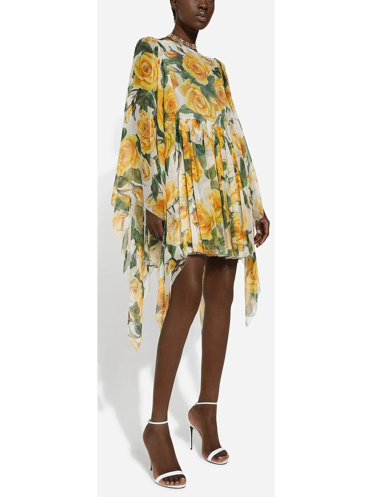 Yellow Rose Print Short Silk Chiffon Dress - Dresses