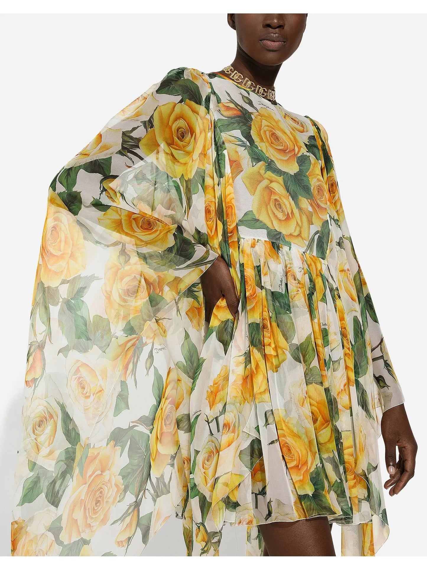 Yellow Rose Print Short Silk Chiffon Dress - Dresses