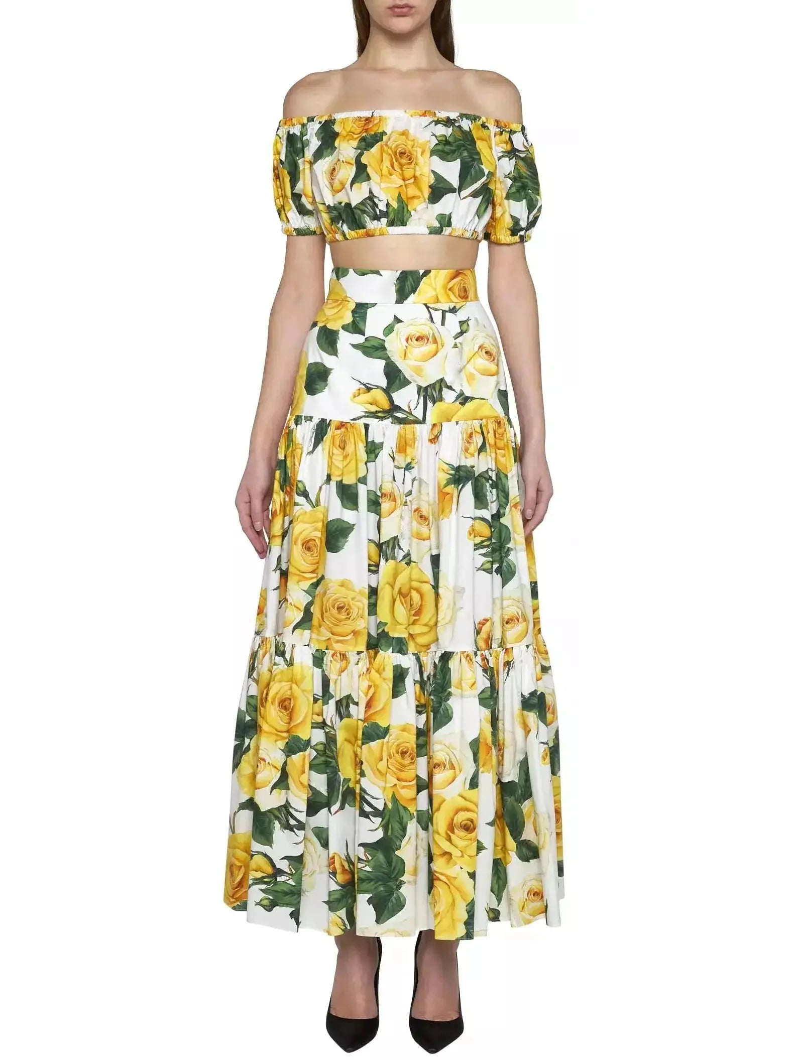 Yellow Rose Printed Bardot-Neck Crop Top and Long Skirt Set - Suits & Sets