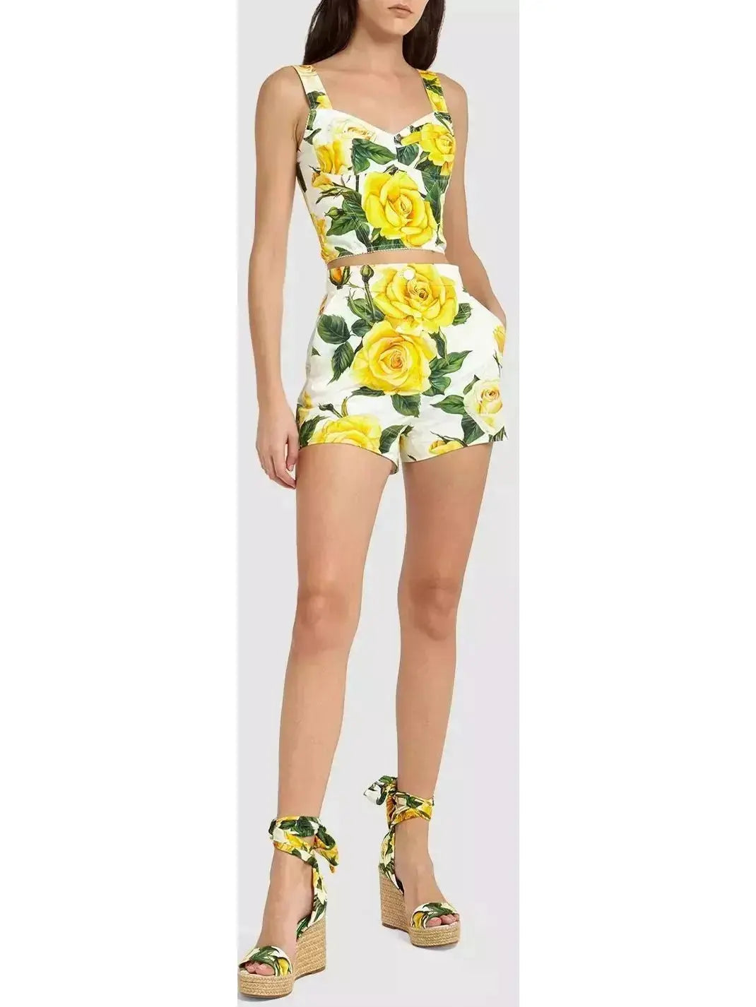 Yellow Rose Printed Cotton Corset Top and Short Set - Suits & Sets