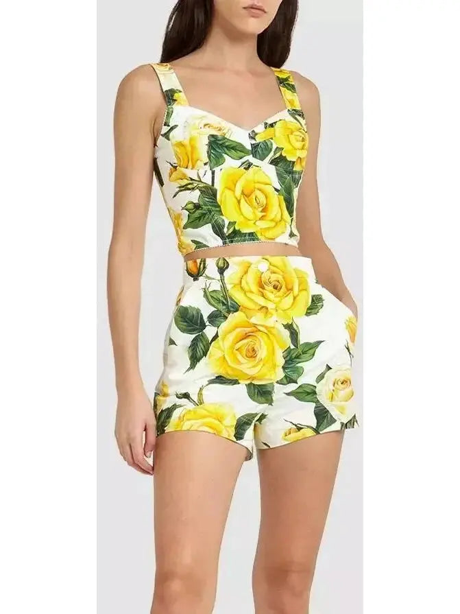 Yellow Rose Printed Cotton Corset Top and Short Set - Suits & Sets