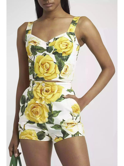 Yellow Rose Printed Cotton Corset Top and Short Set - Suits & Sets