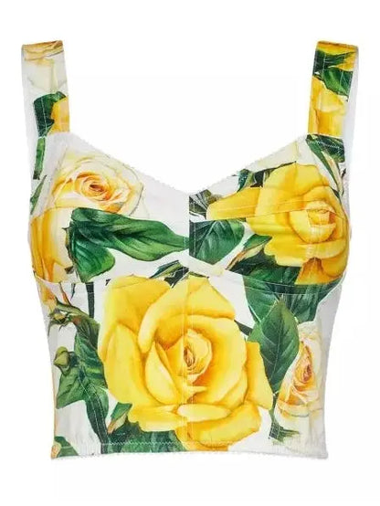 Yellow Rose Printed Cotton Corset Top and Short Set - Suits & Sets