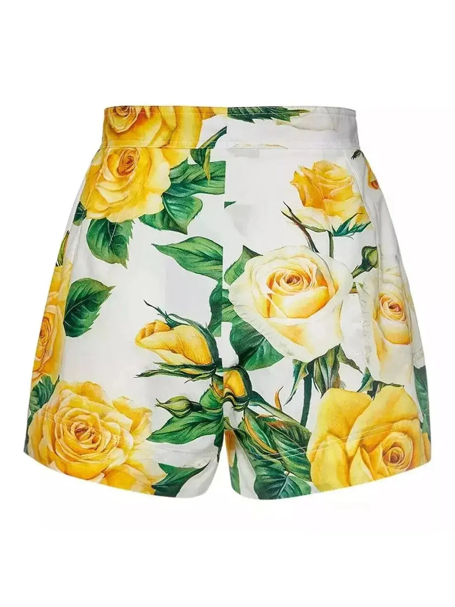 Yellow Rose Printed Cotton Corset Top and Short Set - Suits & Sets