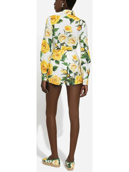 Yellow Rose Printed Long Sleeve Shirt and Short Set - Suits & Sets