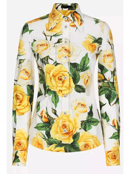 Yellow Rose Printed Long Sleeve Shirt and Short Set - Suits & Sets