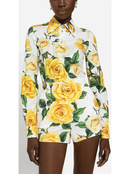 Yellow Rose Printed Long Sleeve Shirt and Short Set - Suits & Sets