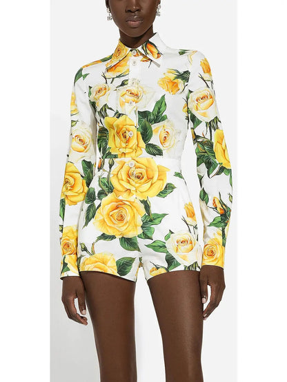 Yellow Rose Printed Long Sleeve Shirt and Short Set - Suits & Sets